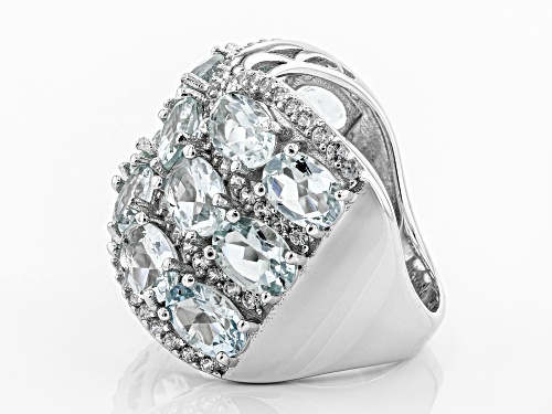 6.00ctw Oval Aquamarine With 1.00ctw Round White Zircon Rhodium Over Silver Crossover Band Ring - Size 8