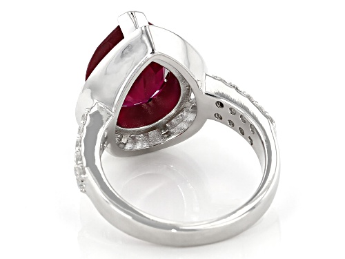 4.25ct Pear Shape Mahaleo(R) Ruby, 2.00ctw Baguette and Round White Topaz, Rhodium Over Silver Ring - Size 8