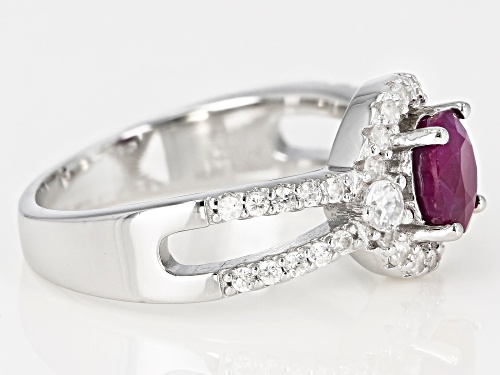 1.25ct  Round Burmese Ruby With .75ctw Round White Zircon Rhodium Over Sterling Silver Ring - Size 7