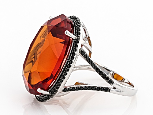 32.00ct Lab Created Padparadscha Sapphire W/ 0.60ctw Black Spinel Rhodium Over Sterling Silver Ring - Size 7