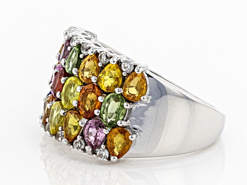 4.18ctw Mixed-color Sapphire With .27ctw Round White Zircon Rhodium Over Sterling Silver Band Ring - Size 7