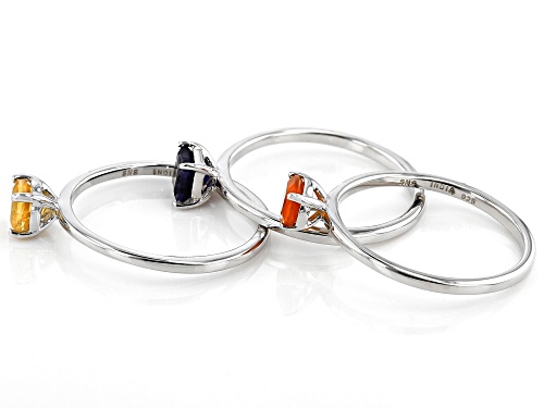 1.30ctw Mixed Shape Carnelian, Citrine & Iolite Rhodium Over Silver Set of 3 Solitaire Rings - Size 8
