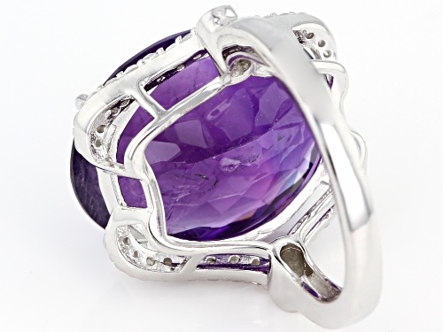 13.50ctw Oval Amethyst With 0.50ctw White Zircon Rhodium Over Sterling Silver Ring - Size 7
