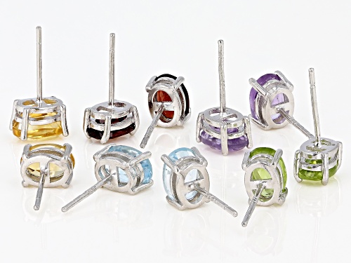 9.00ctw Oval Mulit-Gemstone Rhodium Over Silver Set of 5 Stud Earrings