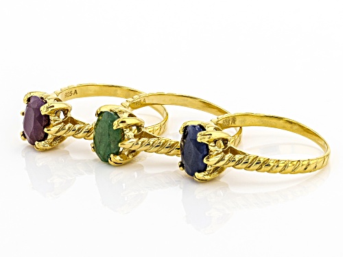 4.70CTW OVAL EMERALD, RUBY & BLUE SAPPHIRE 18K GOLD OVER STERLING SILVER SET OF 3 SOLITAIRE RINGS - Size 8