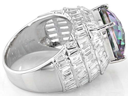 2.50ct Cushion Mystic Quartz With 4.50ctw Baguette White Topaz Rhodium Over Sterling Silver Ring - Size 7