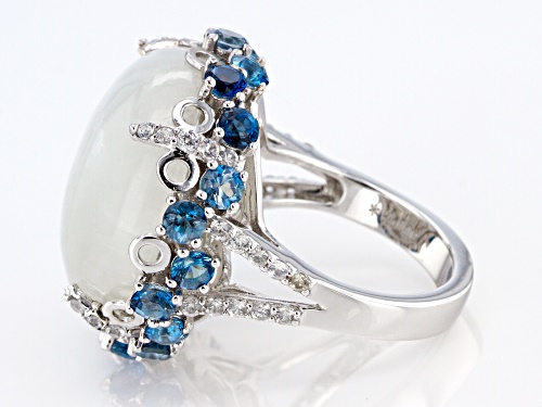 20mm Moonstone With 2.85ctw Blue Topaz And .60ctw White Zircon Rhodium Over Sterling Silver Ring - Size 7