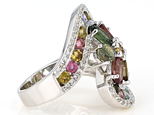 2.85ctw Multi Tourmaline With 0.60ctw Round White Zircon Rhodium Over Sterling Silver Ring - Size 7