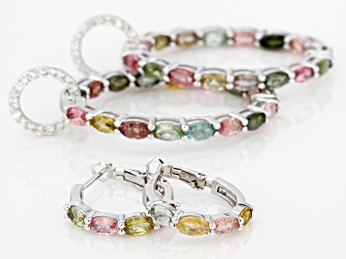 7.75ctw Oval Multi Tourmaline With 0.50ctw Round White Zircon Rhodium Over Sterling Silver Earrings