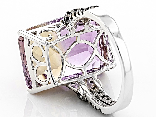 11.20ct Quantum Cut(R) & Emerald Cut Ametrine With .81ctw Black Spinel Silver Ring - Size 5
