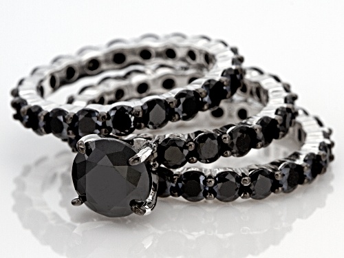 11.25ctw Round Black Spinel Rhodium Over Sterling Silver Set Of Three Eternity Band Style Rings - Size 7