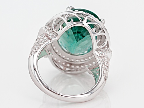 15.25ct Oval Teal Fluorite With 2.75ctw Round White Zircon Sterling Silver Ring - Size 6