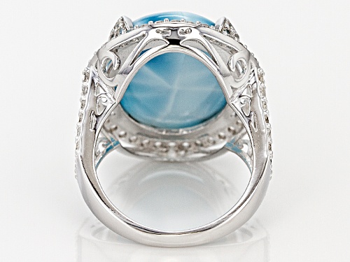 20x15mm Oval Cabochon Larimar With 2.00ctw Round White Zircon Sterling Silver Ring - Size 6