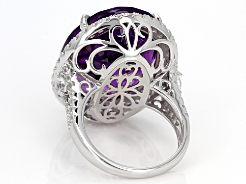 25.00CT OVAL AFRICAN AMETHYST WITH 2.50CTW ROUND WHITE ZIRCON RHODIUM OVER STERLING SILVER RING - Size 8