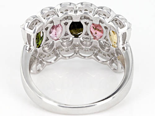 2.00CTW OVAL MULTI TOURMALINE WITH .65CTW ROUND WHITE ZIRCON STERLING SILVER RING - Size 7