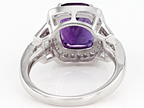 3.40CT RECTANGULAR CUSHION AFRICAN AMETHYST WITH .52CTW ROUND WHITE ZIRCON RHODIUM OVER SILVER RING - Size 8