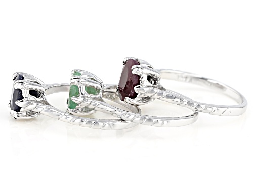 4.50ctw Oval Ruby, Emerald, and Blue Sapphire Rhodium Over Sterling Silver Set of 3 Rings - Size 9