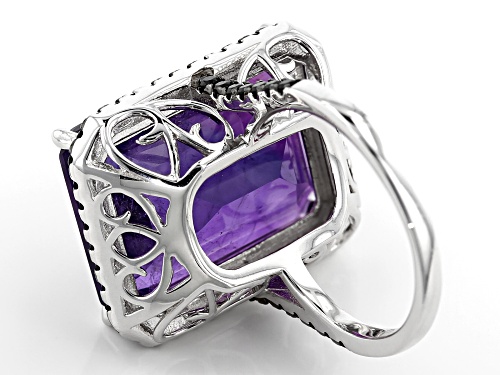 15.00CT EMERALD CUT AFRICAN AMETHYST WITH 1.10CTW ROUND BLACK SPINEL RHODIUM OVER SILVER RING - Size 7