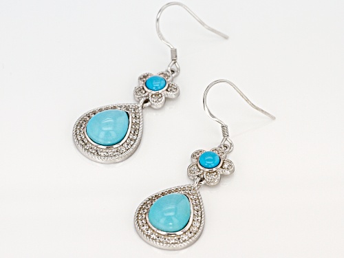 10X8MM OVAL & 4MM ROUND SLEEPING BEAUTY TURQUOISE, .80CTW WHITE ZIRCON RHODIUM OVER SILVER EARRINGS