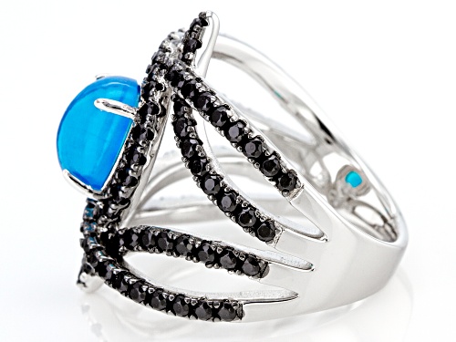 .63ct Oval Paraiba Blue Color Opal With 1.69ctw Black Spinel Rhodium Over Sterling Silver Ring - Size 8