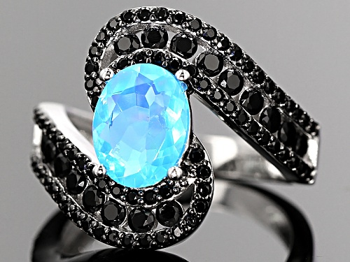 1.00ct Oval Paraiba Blue Color Opal W/ 1.75ctw Round Black Spinel Sterling Silver Ring - Size 11