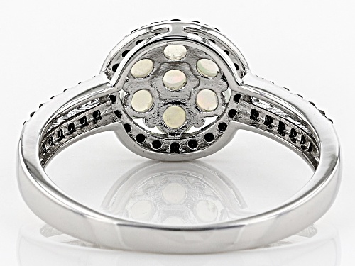 .69ctw Round Ethiopian Opal With .59ctw Round Black Spinel Rhodium Over Sterling Silver Cluster Ring - Size 7