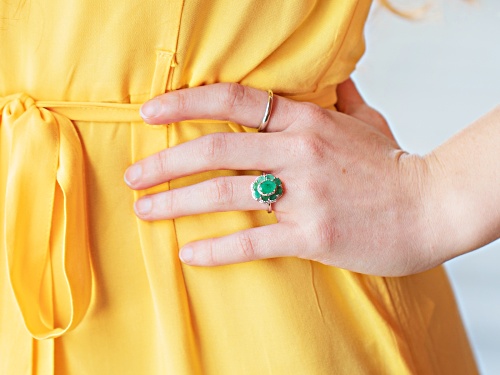 2.64ctw Oval Zambian Emerald With .71ctw Round White Zircon Rhodium Over Sterling Silver Ring - Size 10