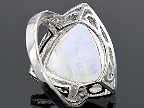 15.50mm Trillion Carved Floral Rainbow Moonstone And 1.02ctw Round White Zircon Sterling Silver Ring - Size 7