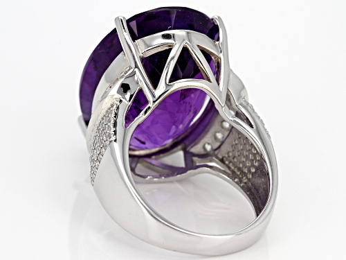 30.30ct Oval African Amethyst With 1.18ctw Round White Zircon Rhodium Over Sterling Silver Ring - Size 8