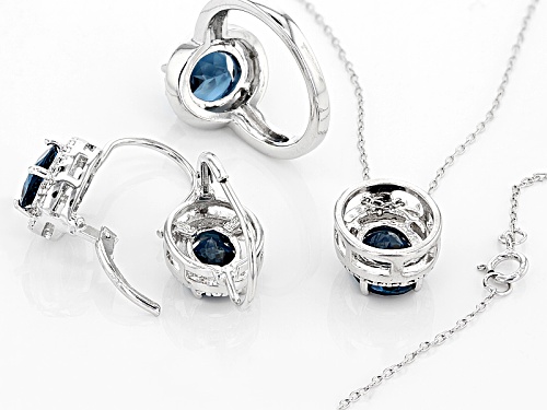 11.10ctw London Blue Topaz, .02ctw 4 Diamond Accent Silver Ring, Earrings And Pendant W/Chain Set