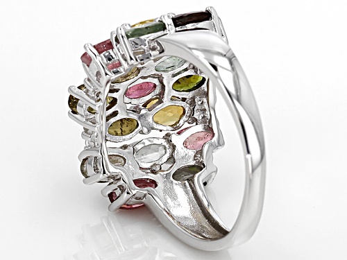 4.03ctw Oval Multi-Tourmaline With .12ctw Round White Zircon Rhodium Over Silver Cluster Ring - Size 7