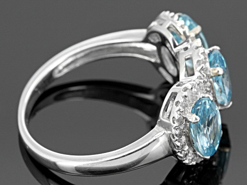 3.30ctw Oval Blue Zircon With .50ctw Round White Zircon Sterling Silver 3-Stone Ring - Size 10