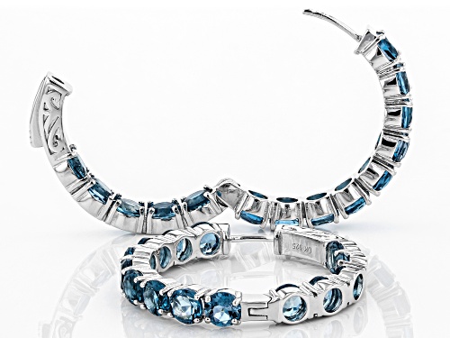 15.10ctw Round London Blue Topaz Rhodium Over Sterling Silver Hoop Earrings