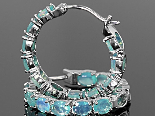 4.50ctw Oval Paraiba Blue Color Opal Rhodium Over Sterling Silver Hoop Earrings