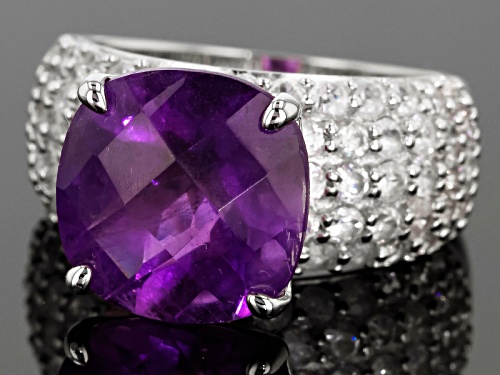6.00ct Square Cushion African Amethyst With 3.10ctw Round White Zircon Sterling Silver Ring - Size 12