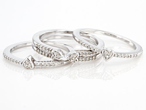 0.25ctw Round White Diamond Rhodium Over Sterling Silver Set of 3 Heart Band Rings - Size 9