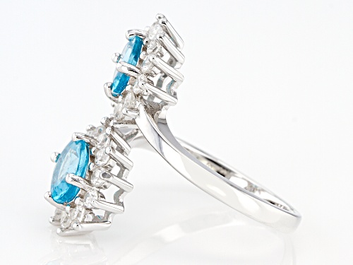 2.75ct Blue Oval Apatite With White Zircon Rhodium Over Sterling Silver Bypass Ring - Size 7