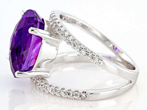 4.81ctw 14x10mm Amethyst with 0.47ctw Round White Zircon Rhodium Over Silver Ring - Size 7