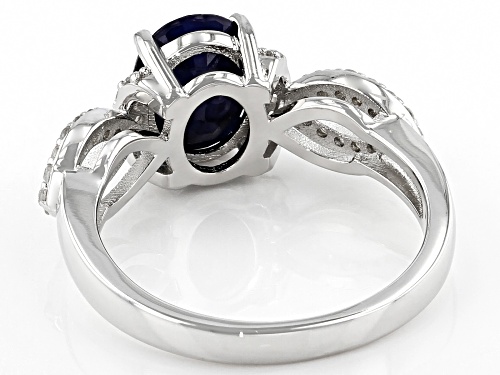 1.85ctw Oval Sapphire With 0.35ctw Round White Zircon Rhodium Over Sterling Silver Ring - Size 8