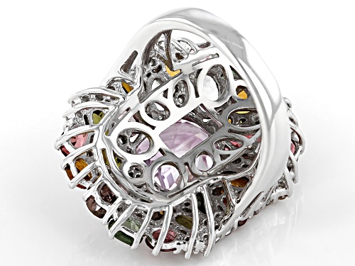 5.35ct Kunzite with 5.50ctw Multi Color Tourmaline and .80ctw White Zircon Rhodium Over Silver Ring - Size 7