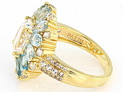 5.18ctw Lab White Sapphire Swiss Blue Topaz, Sky Blue Topaz 18K Yellow Gold Over Silver Ring - Size 7