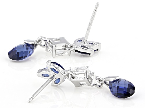 2.38ctw Lab Blue Sapphire With .73ctw Lab White Sapphire Rhodium Over Sterling Dangle Earrings