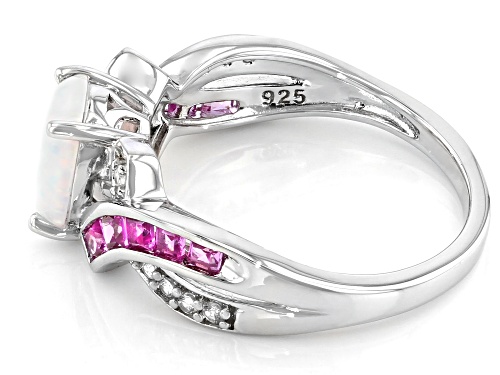 0.70ctw Lab Opal, 0.60ctw Lab Pink and 0.30ctw Lab White Sapphire Rhodium Over Sterling Silver Ring - Size 7