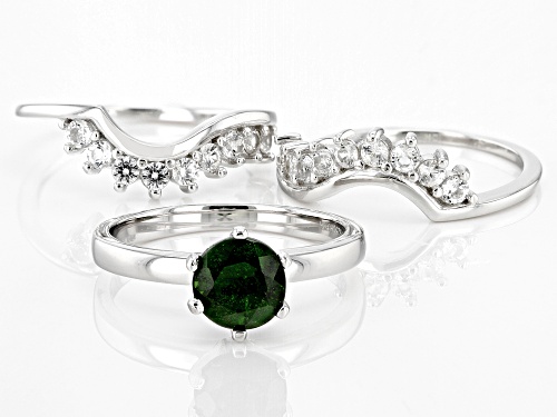 1.26ctw Chrome Diopside and 1.18ctw White Zircon Rhodium Over Sterling Silver 3pc Ring Set. - Size 9