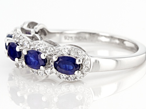 0.90ctw Oval Blue Sapphire With 0.54ctw White Zircon Rhodium Over Sterling Silver Band Ring - Size 7