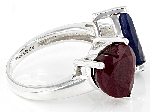 2.00ct Heart Shaped Ruby with 3.25ct Pear Shaped Blue Sapphire Sterling Silver Ring - Size 8