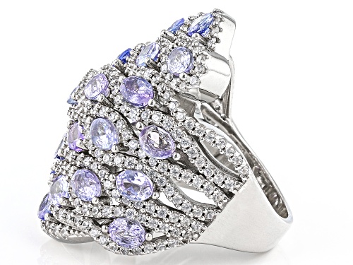 3.67ctw Oval Tanzanite With 2.37ctw White Zircon Rhodium Over Sterling Silver Ring - Size 8