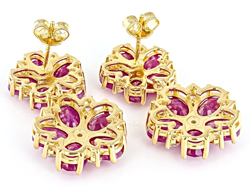 15.00ctw Oval Ruby With 0.50ctw White Zircon 14k Yellow Gold Over Sterling Silver Earrings