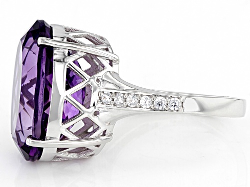 11.20ct Oval Amethyst With 0.26ctw Round White Zircon Rhodium Over Silver Ring - Size 8