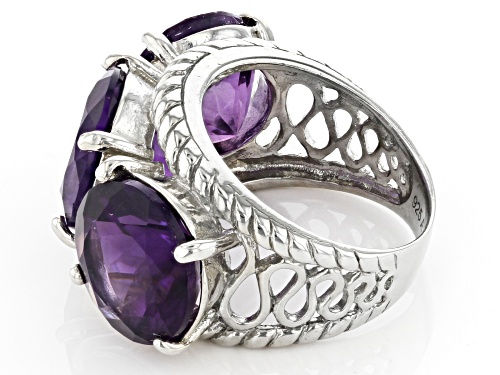 16.00ctw Round African Amethyst Rhodium Over Sterling Silver 3-Stone Ring - Size 8